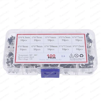 100pcs 10value 6x6mm Panel PCB Momentary Tactile Tact Mini Switch kit Box6*6*4.3/5/6/6.5/7/8/9/10/11/12mm Right Angle With stent