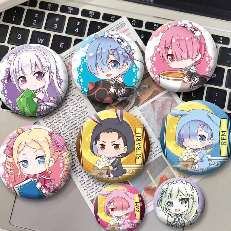 Cute Anime Figure Emilia Rem Ram Subaru Lapel Pins Cartoon Role Playing Brooch Handmade Round Badge Bag Clothes Jewelry Ornament