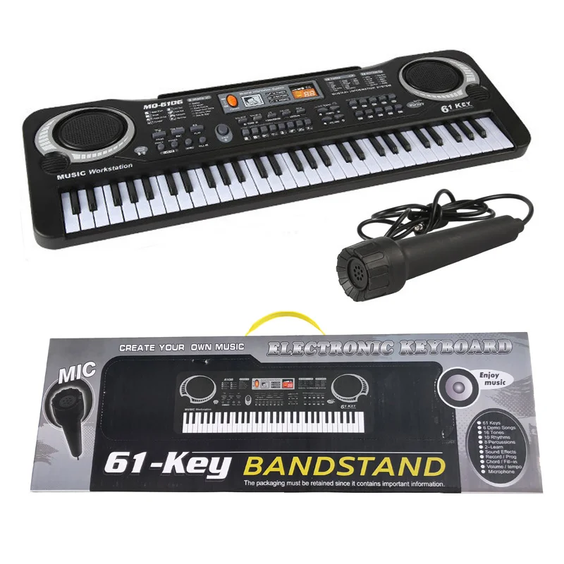 61 Keys Electronic Keyboard Piano Black Digital Music Kids Gift Synthesize Musical Instrument with Microphone Organ