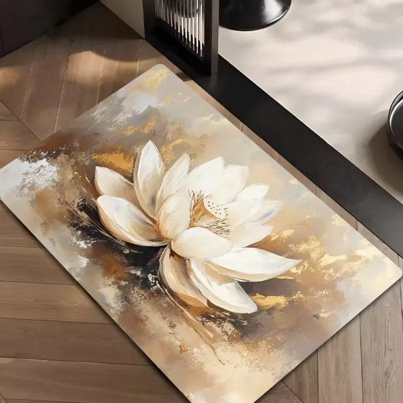 Artistic Lotus Theme Mat for Aesthetic Home Indoor Entryway Bathroom Living Room Non-Slip Absorbent Durable Easy Clean Decor Mat