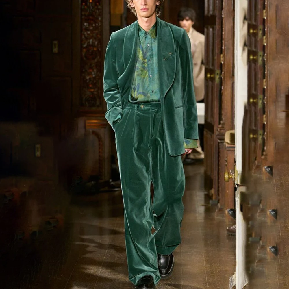 

Fashion Velvet Men's Suits Customzied Double Breasted Shawl Lapel Loose 2 Piece Jacket Pants Elegant Traveling Male Clothing