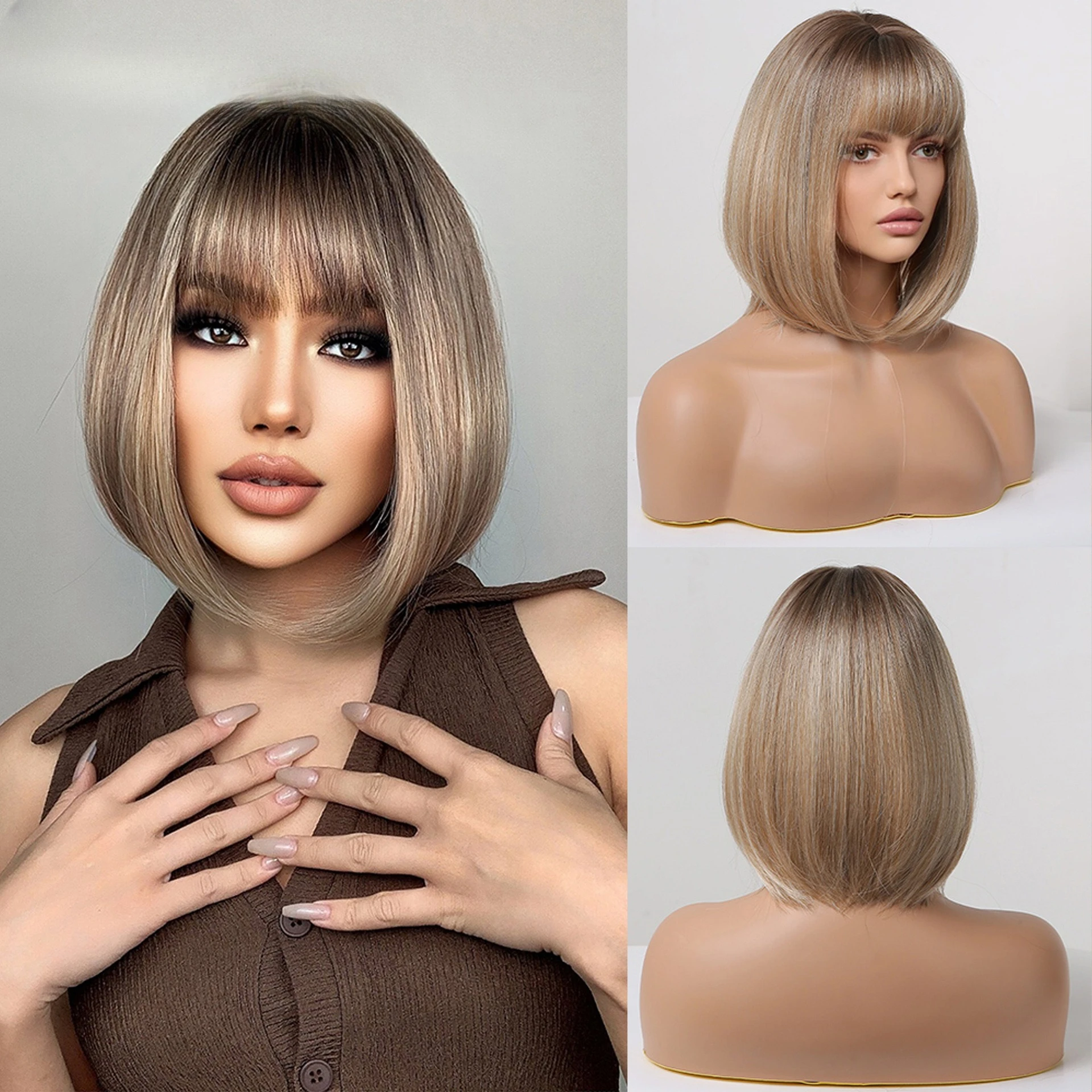

Bangs wig female Wig short straight hair bob brown gradual change gold hot selling mechanism high temperature silk rose