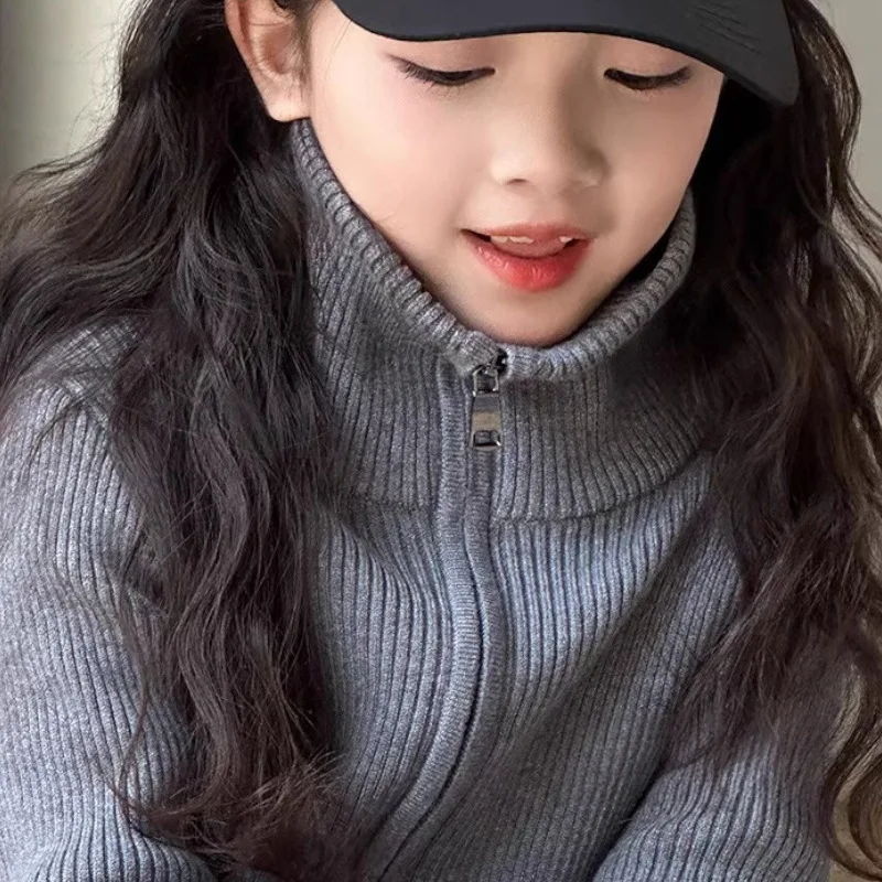 Kids Cardigan Winter Autumn Double Zipper High-Neck Knitwear Stylish Boys Girls Outerwear Casual Versatile Children's Sweater