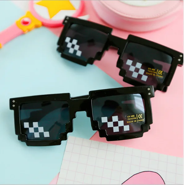 MOONBIFFY Funny Glasses Women Men Polygonal Brand Thug Life Sunglasses Mosaic Masculine 8 Bits Style Pixel Sun Glass Fashion