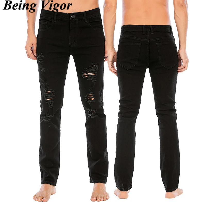 

Being Vigor Solid Color Black Skinny Men Jeans Straight Slim Fit Ripped Hole Distressed Stretched Denim Pants pantalones hombre