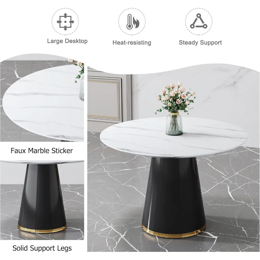 45" Round Dining Table for 4,White Marble Dining Room Table,Modern Round Dinner Table,Small Round Dining Table with Pedestal