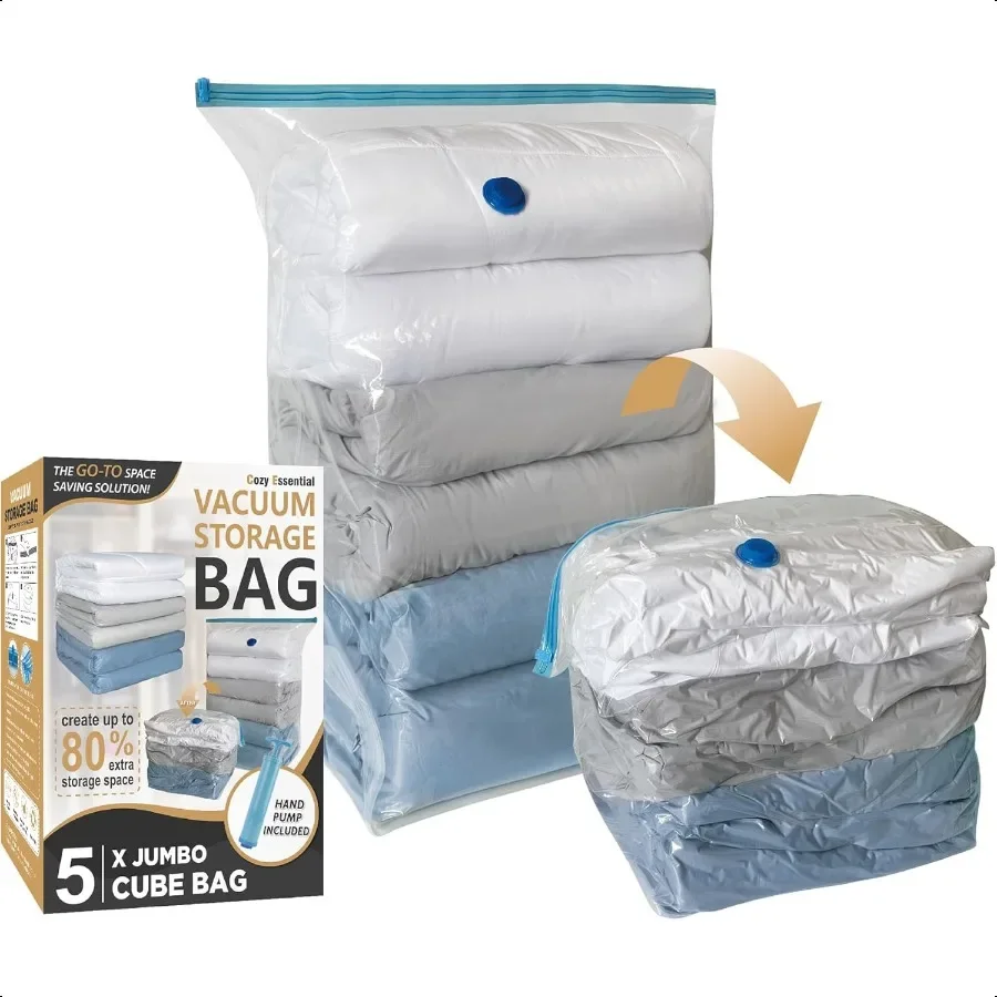 

5 Pack Cube Vacuum Storage Bags Jumbo Cubes for Sealed Extra Large Space Saver Bags Bedding Clothes Comforters Blanket Duvets C