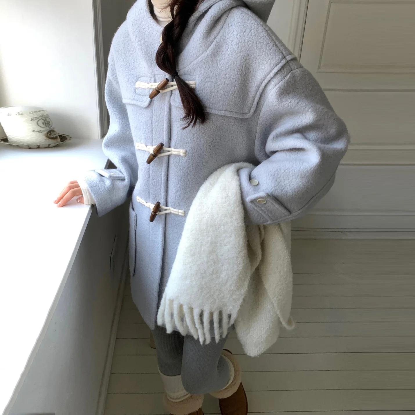 여성용 울 코트 가을 겨울 한국 스타일 달콤하고 부드러운 안티에이징 귀여운 버튼 후드 따뜻한 대형 코트