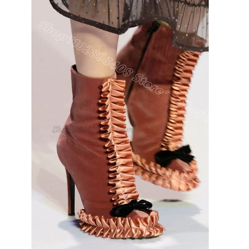 Bowknot guarnição decoração rebanho botas dedo do pé redondo zíper lateral stiletto festa de dança feminina primavera elegante tornozelo botas zapatos para mujere