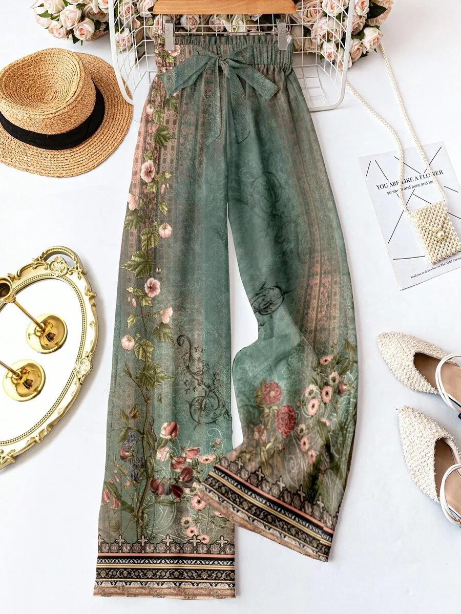 

Зеленые винтажные брюки с цветочным принтом, широкими штанинами и завязками на талии, в стиле бохо