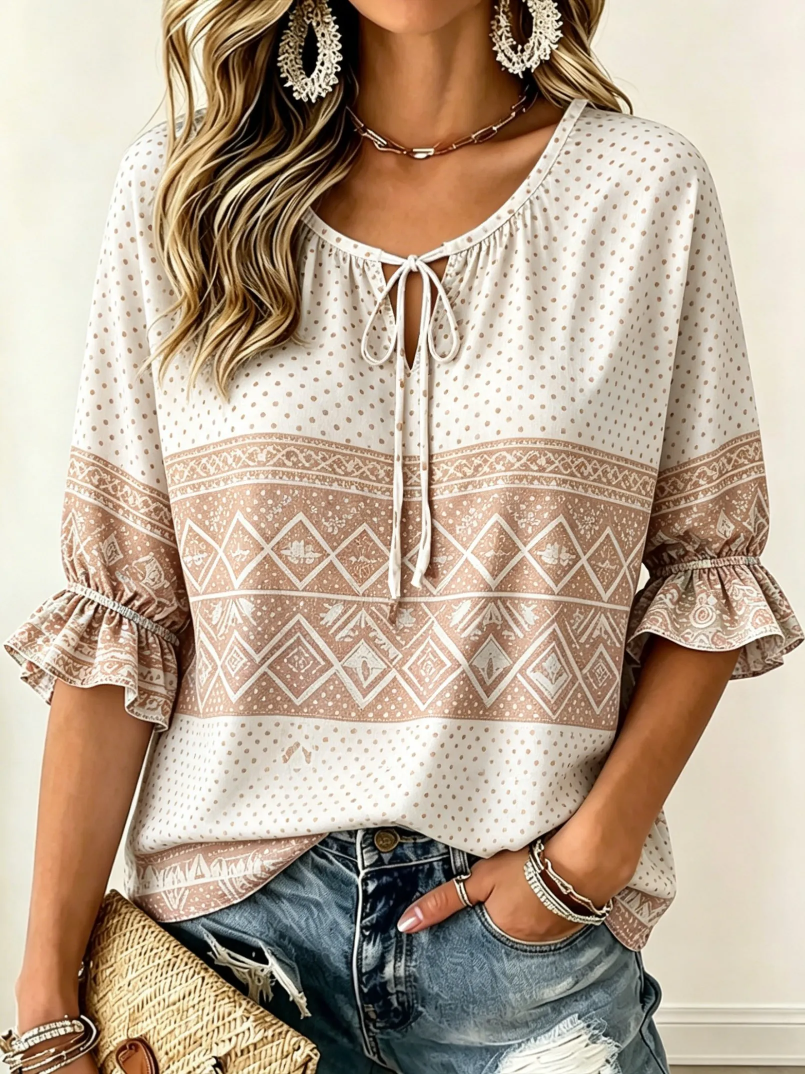 

Women's Beige Polka Dot & Geometric Print Tie Neck Blouse, Casual Loose Tops for Spring Summer Daily Wear & Vacation Occasions