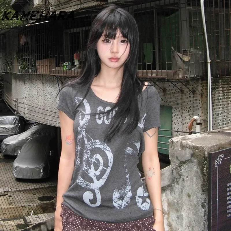 

KAMEHARA Japanese Y2k Subculture Shoulder Short Sleeved Summer Slim Fit Waist Cinching U Neck Tee Ancient Early Light Asian Tops
