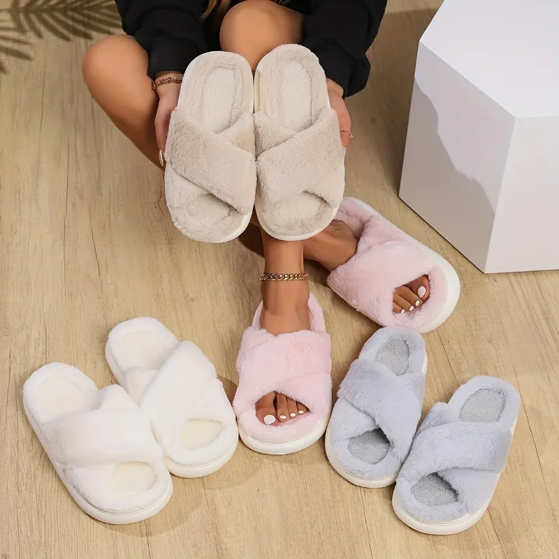 

Cross Warm Fluffy Furry Slippers Women Lightweight Flat Heels Fur Slides Woman Autumn Winter Open Toe Non Slip Home Floor Shoes