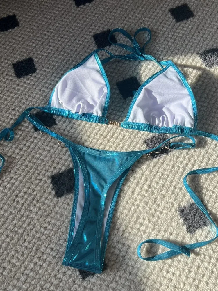 2025 novas mulheres sexy brilhante rosa micro push up tanga biquíni pu pérolas bandagem verão férias maiô traje de baño de mujer