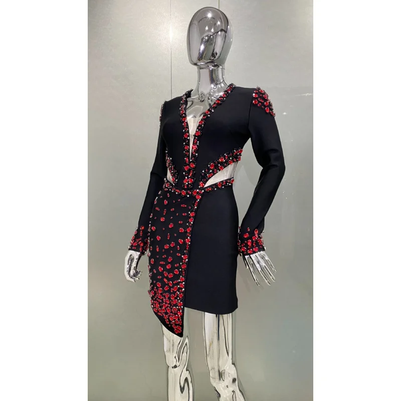 New Arrival Ruby Beaded Sexy Low-Cut Sheer Bandage Dress Light Luxury Birthday Party Banquet Dress