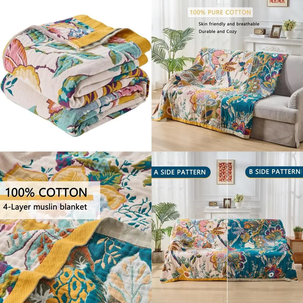 Eco-Friendly Bohemian Quilted Throw, Cozy Lightweight Blanket for Bed and Outdoors, Soft Muslin Cover for Adults and Picnics