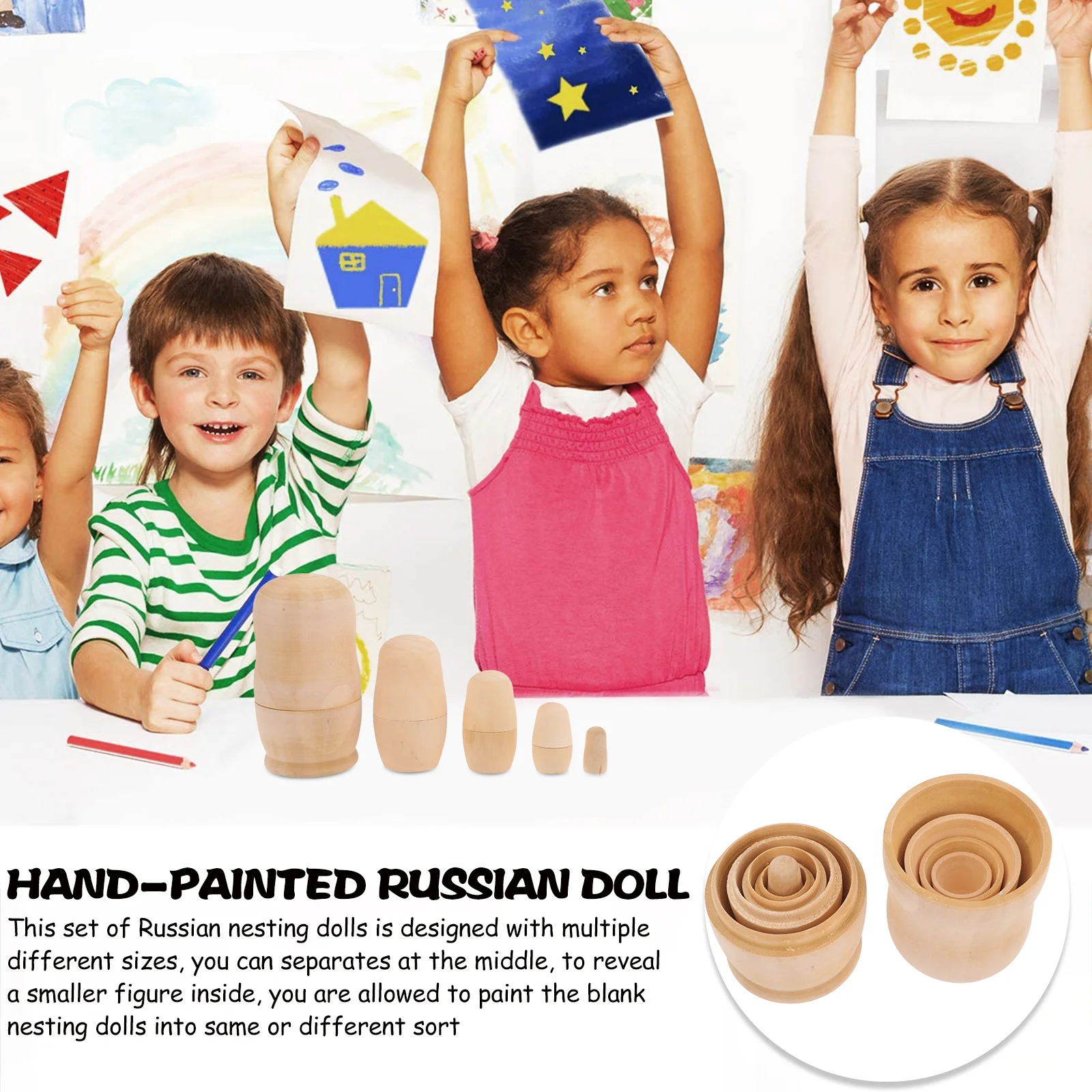 

1Set Unpainted Russian Nesting Wooden Set Blank DIY Stacking Craft Supplies Kids Creative Painting Imagination Game
