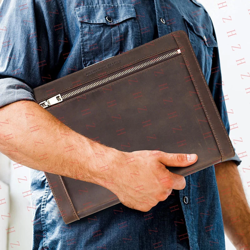 P+ Genuine Leather Zip Folder Business Portfolio Organizer Tablet Case For iPad Pro