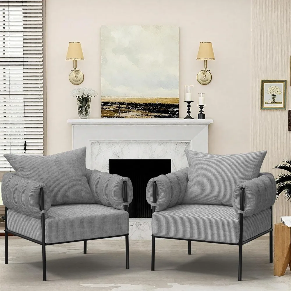 

Modern Accent Chairs Set of 2, Upholstered Lounge Chair with Pillow, Comfy Corduroy Armchair with Metal Frame