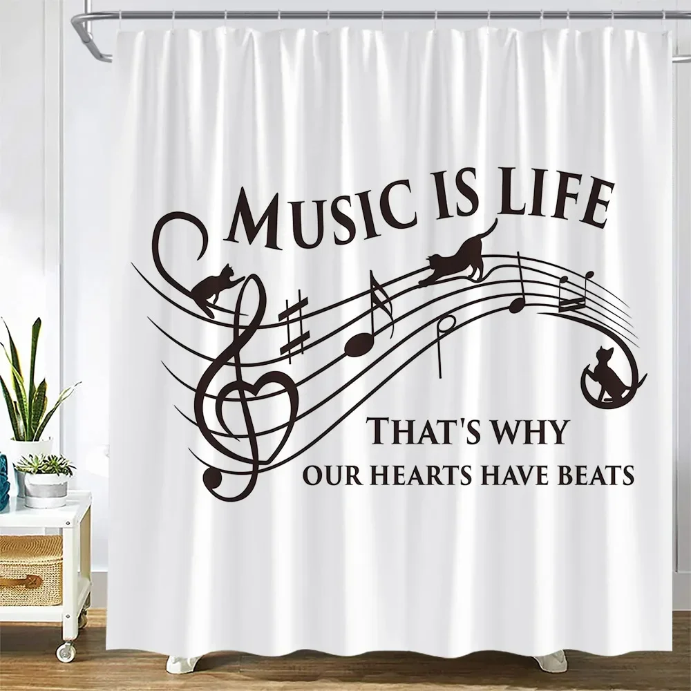 Creative Musical Symbols Cat Shower Curtain Music Is Life Black Line Note Modern Minimalist Fabric Bathroom Curtains Home Decor