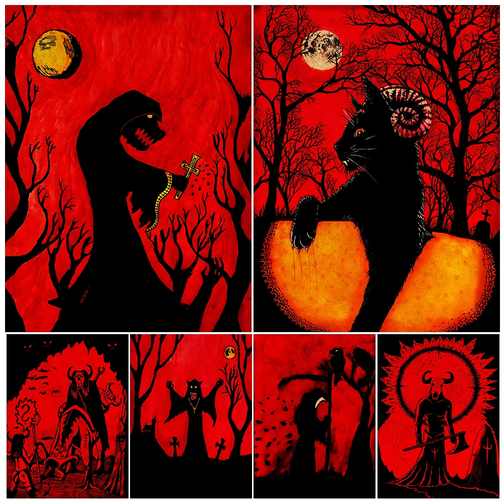 Soul Catcher And Black Sun Demon Art Poster Mysterious Pagan Witchcraft Worship Vintage Wall Art Gothic Canvas Painting Decor