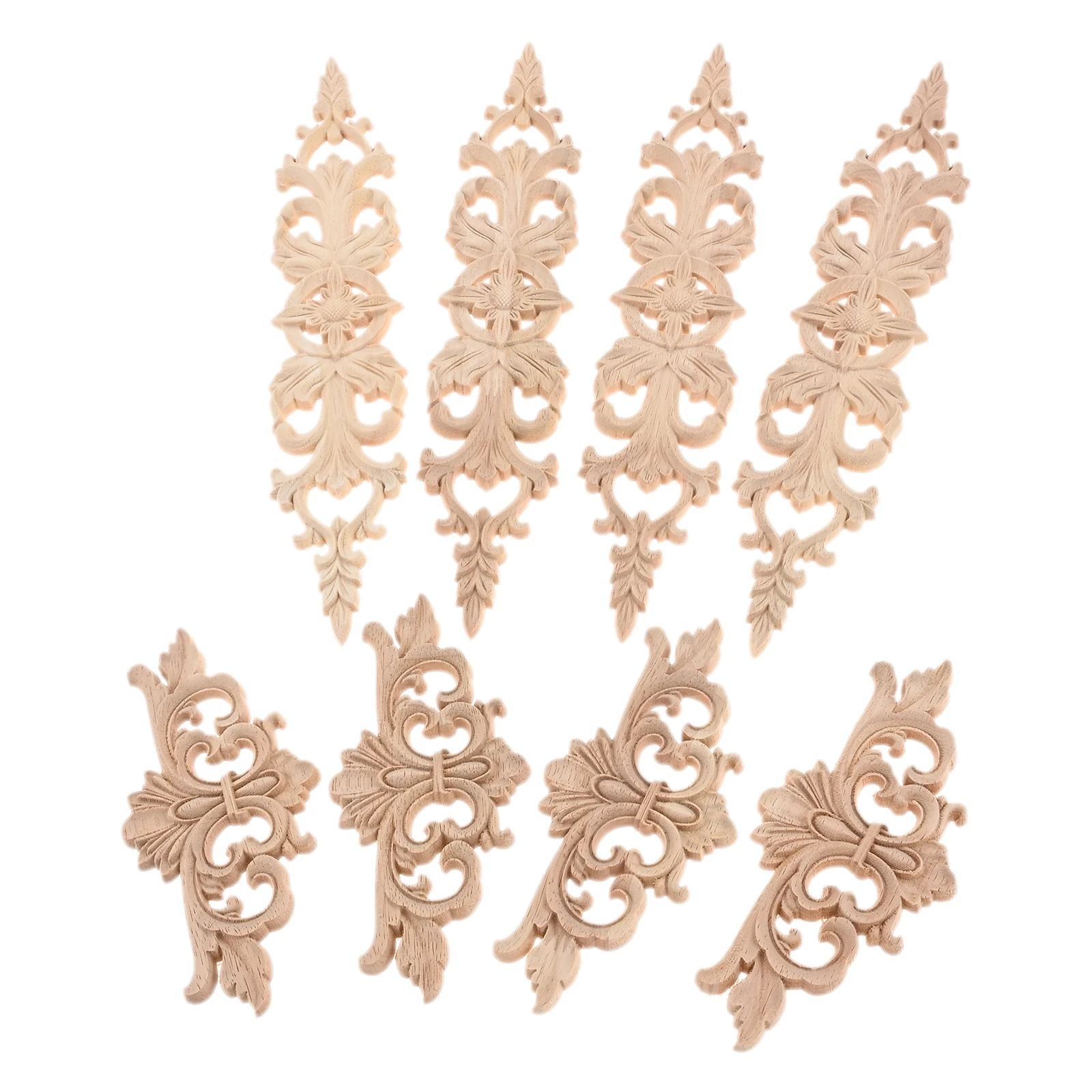 8pcs Wood Appliques Kit 2-style Hollow Flower Branch Vertical Furniture Onlays Corner Horizontal Bar Decor Cabinet Door Bed Box