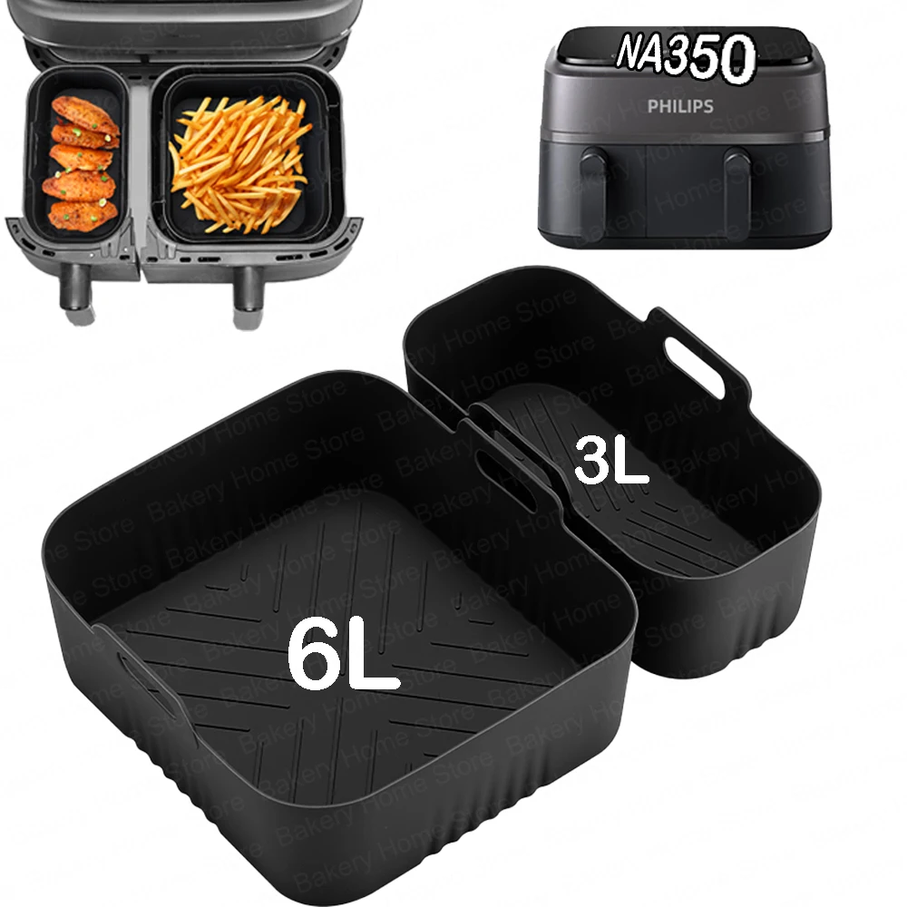 2 Moldes de Silicona Reutilizables de 6+3L para Freidoras de Aire Philips Serie 3000 NA350/00, Accesorios para Cestas Dobles, Revestimientos para Hornear