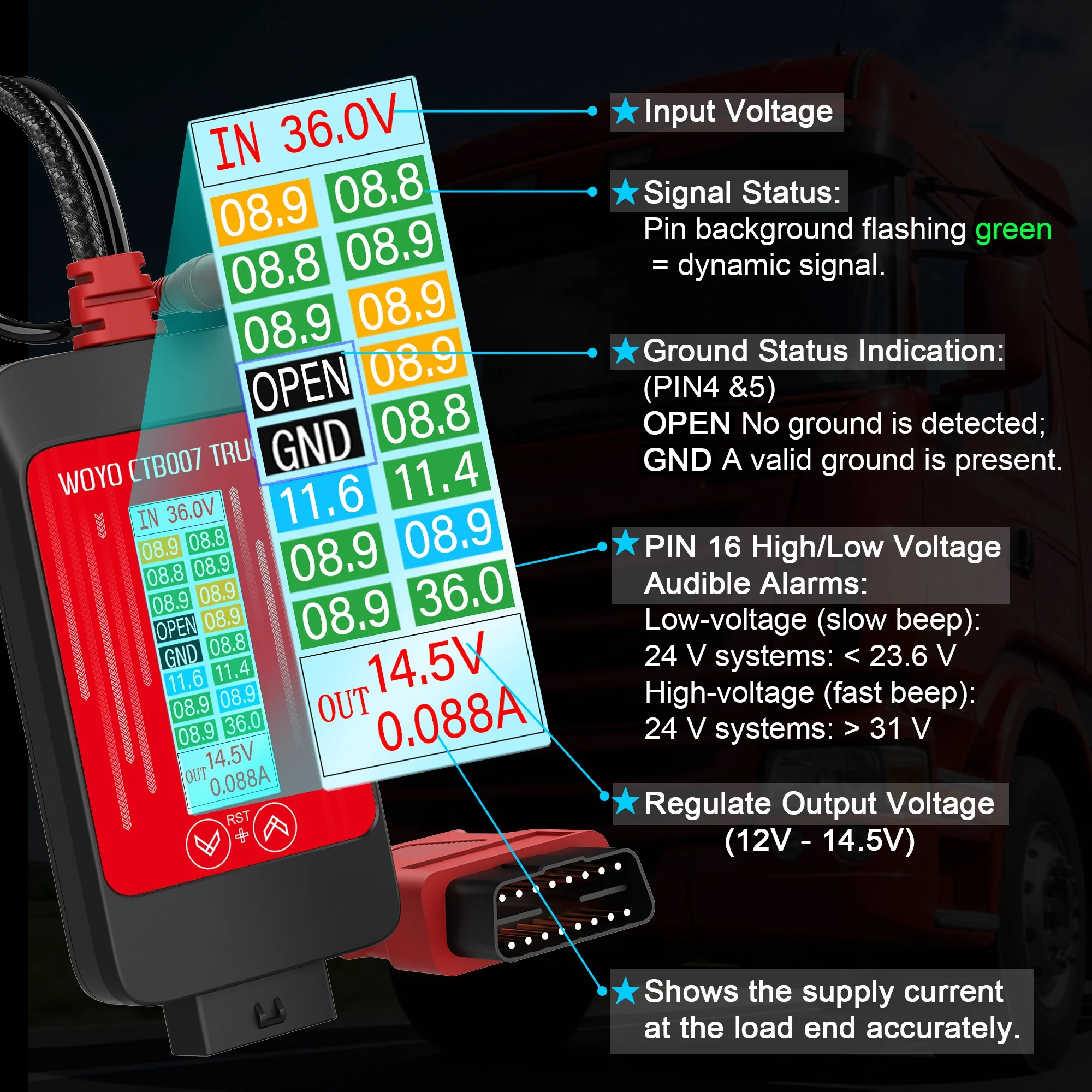 Newest WOYO CTB007 TRUCK Regulated Output Voltage Converter Monitors Live Voltag Expose All OBD-II pins 24V to 24V/12V-14.5V