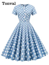 Tonval Retro Clothing V-Neck Button Front Short Sleeve Summer Robe for Women Cotton Polka Dot Vintage Midi Dress