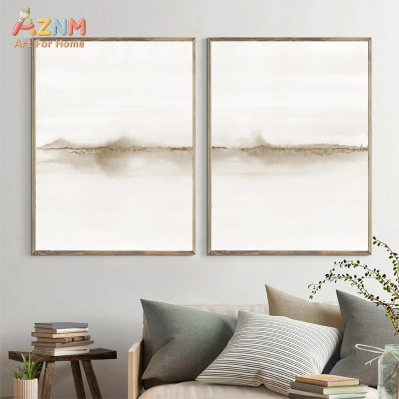 AZNM Neutral Brown Watercolor Landscape Canvas Wall Art Abstract Misty Mountain Lake Scenery Minimalist Ink Wash Painting Modern
