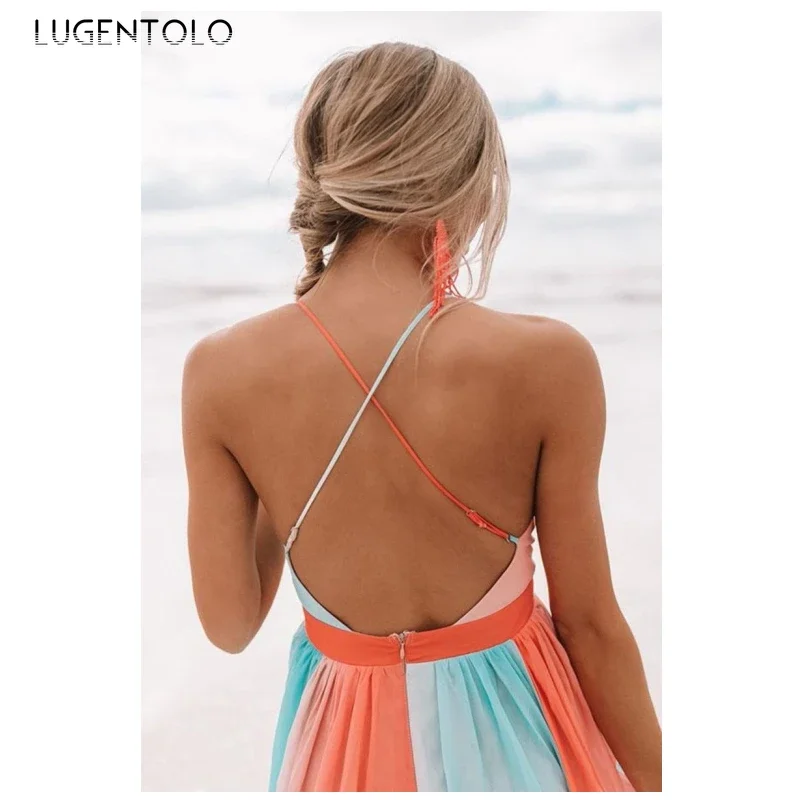 Sexy Dress Women Summer Spaghetti Strap Mesh V-neck Slim Big Swing Rainbow Colors Female Backless Long Cloth Lugentolo