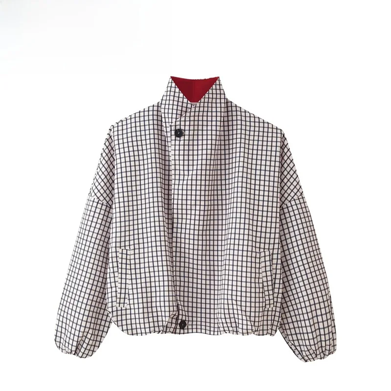 Fashionable Checkered Print Color Block Collar Jacket Women's Short Outerwear Polyester Fiber Long Sleeve Button Closure