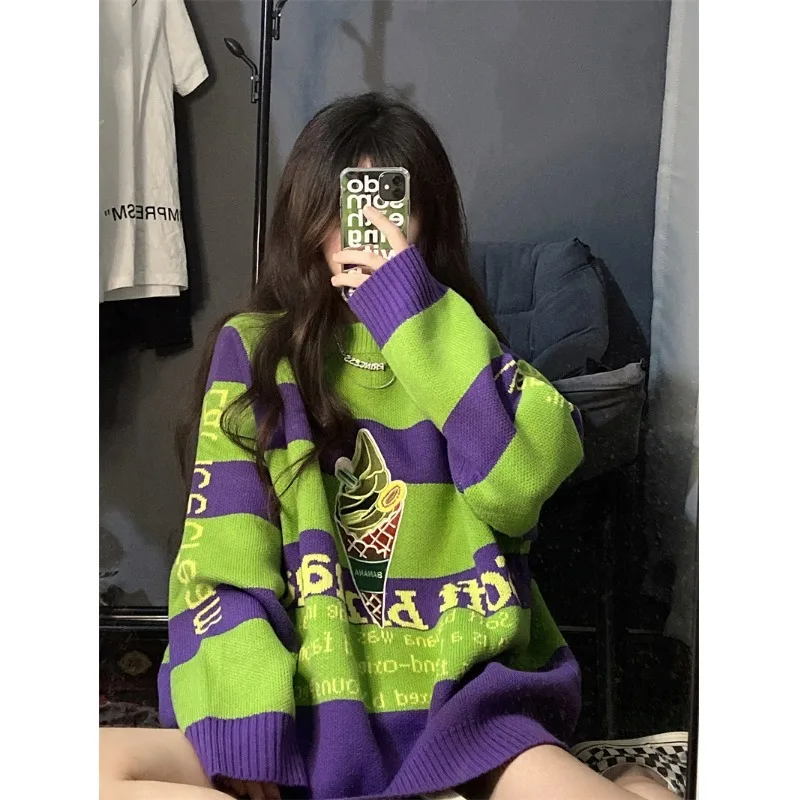 Korean Style Versatile 2024 Autumn New Casual Striped Knitted Sweater Pullover Women's Crew Neck Long-sleeved Loose Top