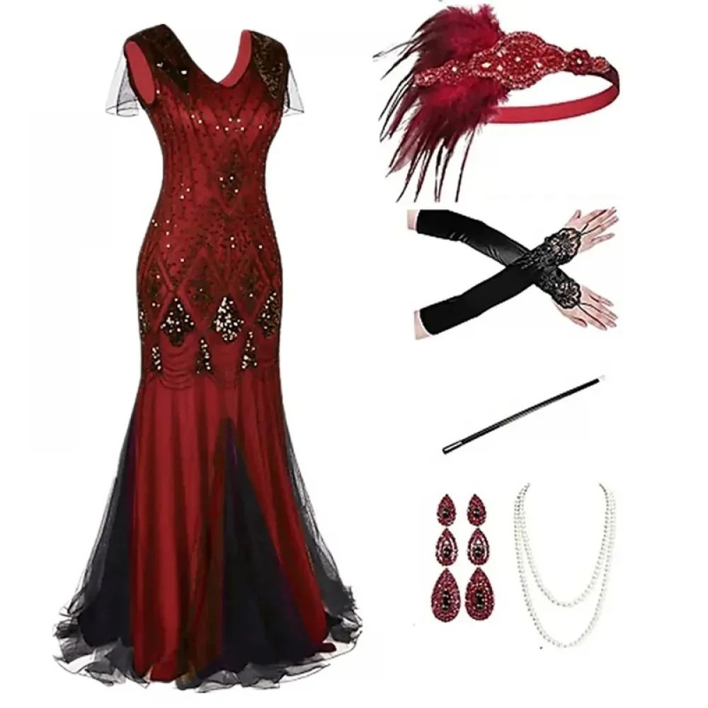 

Women'S 1920s Flapper Dress Vintage Lace Tassel Dresses Cocktail Dress for Embroidery Plus Size With Accessories Set