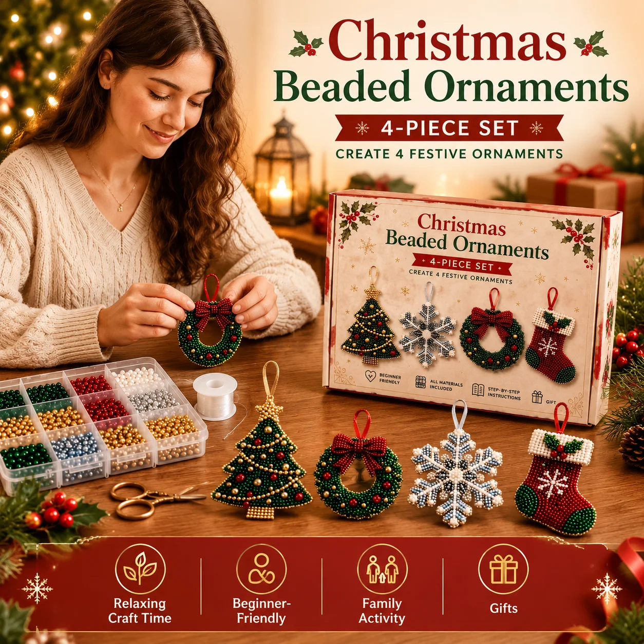 4Piece Christmas handmade Beaded Ornaments DIY Kit Xmas Themed Snowflake Tree Design Beading Wreath Design Beginner Friendly
