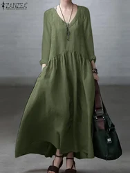 Autumn Vintage Long Dress Women Casual Solid Long Sleeve Sundress Stylish Holiday Robe Vestidos ZANZEA Elegant Loose Dresses