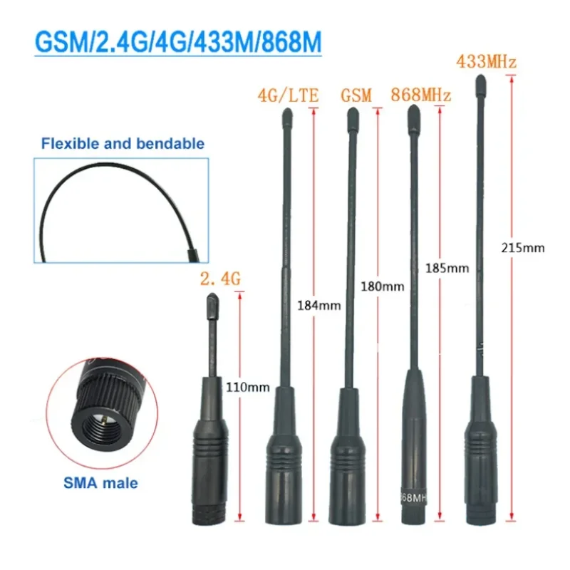 2 piece 4G LTE GSM 433Mhz 2.4Ghz 868Mhz 915Mhz 170Mhz 230Mhz 315Mhz Antenna Flexible Soft rubber Antenna Bendable SMA male