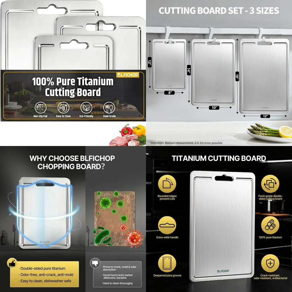 

Triple Set of 100% Pure Titanium Chopping Boards with Juice Groove, Non-Toxic, Double-Sided for Kitchen Use, Dishwasher Safe, Gr