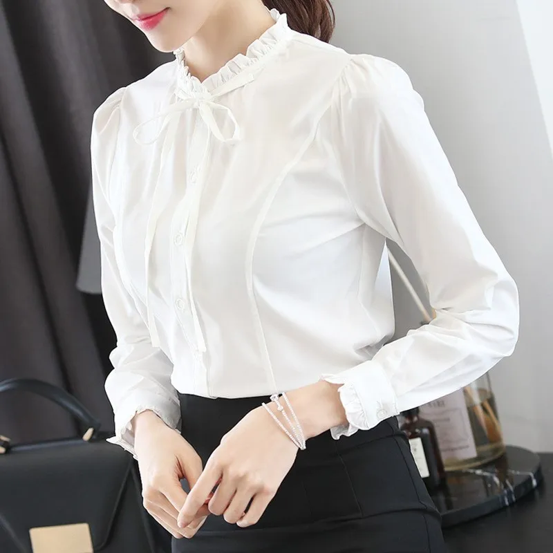 Fashion Korean White Blouse Women Blusas Stand Neck Chiffon Shirts Long Sleeve Bow Blouses Vintage Elegant Femme Tops NS5578