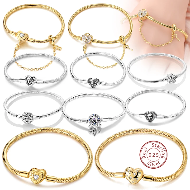 Pulsera Original de Plata de Ley 925, pulsera con dijes de 17-20CM, corazón dorado, llave de amor, pulsera de copo de nieve, brazalete, regalo de joyería para mujer