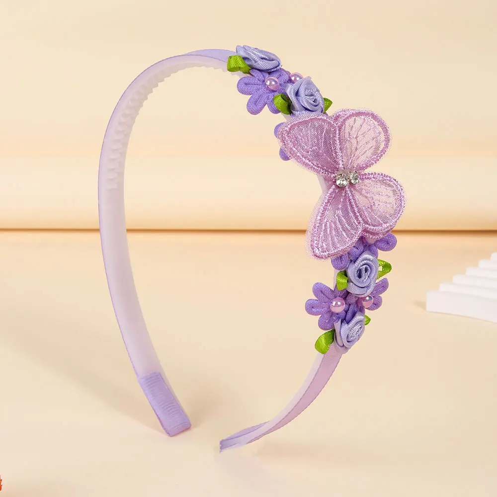 Butterfly Hairband Kids Princess Headband Headwear Boutique Satin Flowers with Pearl Hair Accessories Head Hoop for Girls