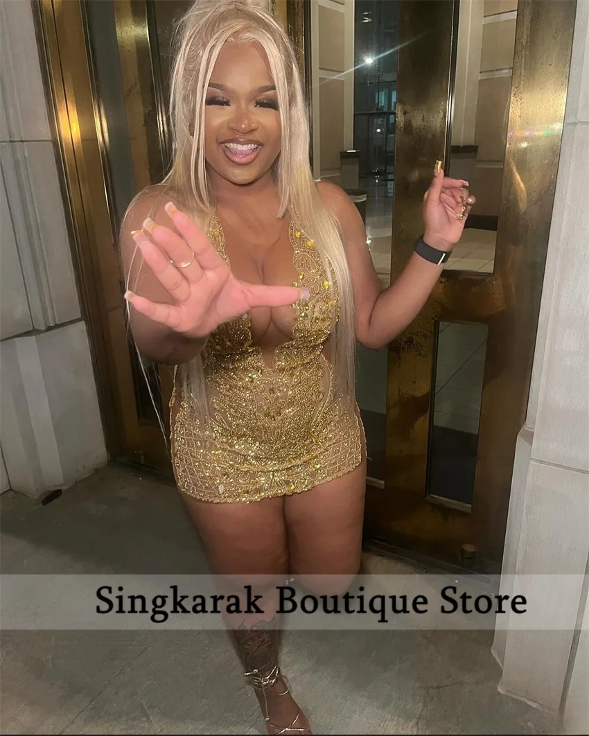 Glitter Gold Diamonds Prom Dresses Halter Beads Rhinestone Crystal Senior Birthday Cocktail Party Homecoming Customized 