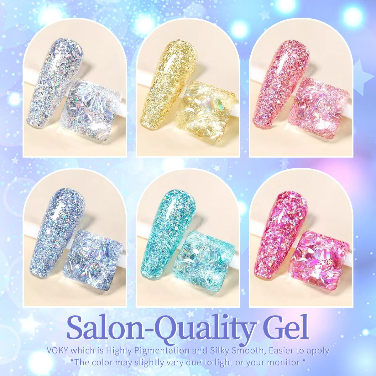 VOKY ネイルジェル 6 点セット、グリッター 21 色、シマー効果付き、アルコールフリーのフォーミュラ、ホームサロンのネイルデザインに最適