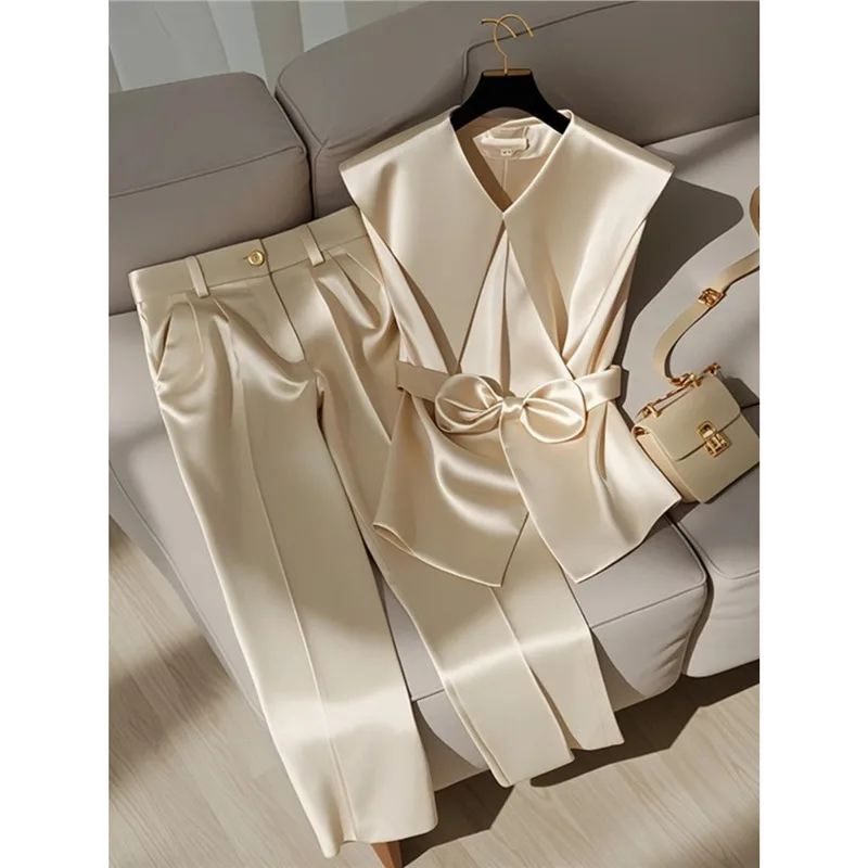 Bow Champagne Colored Suit Women Spring Summer Fashionable Fragrant Style Sleeveless Tie Top Pants Professional Suit Women New