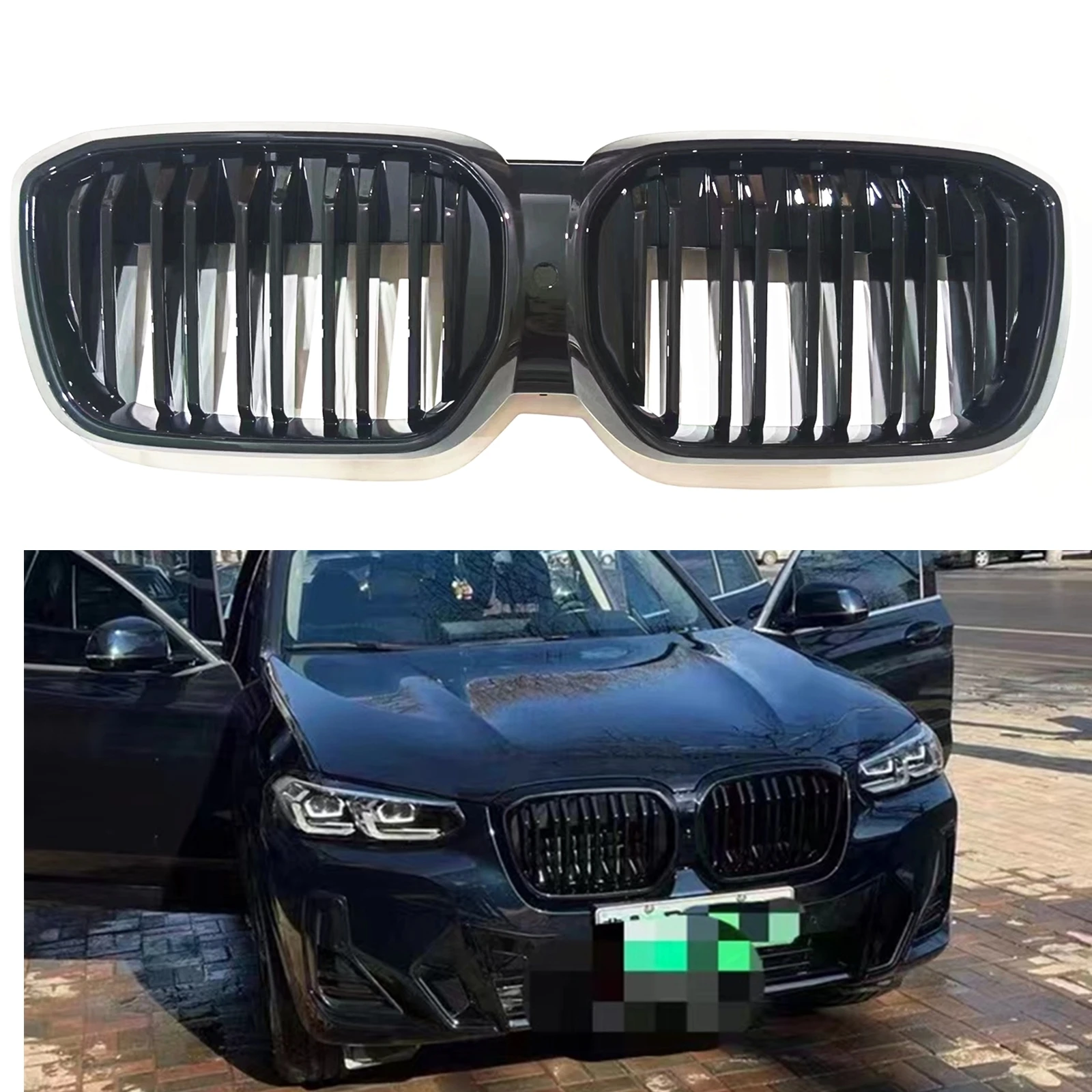 

For BMW IX3 2022-2023 Front Kidney Grille Racing Grills Black Double Slat Style Car Upper Bumper Hood Mesh Grid Body Kit