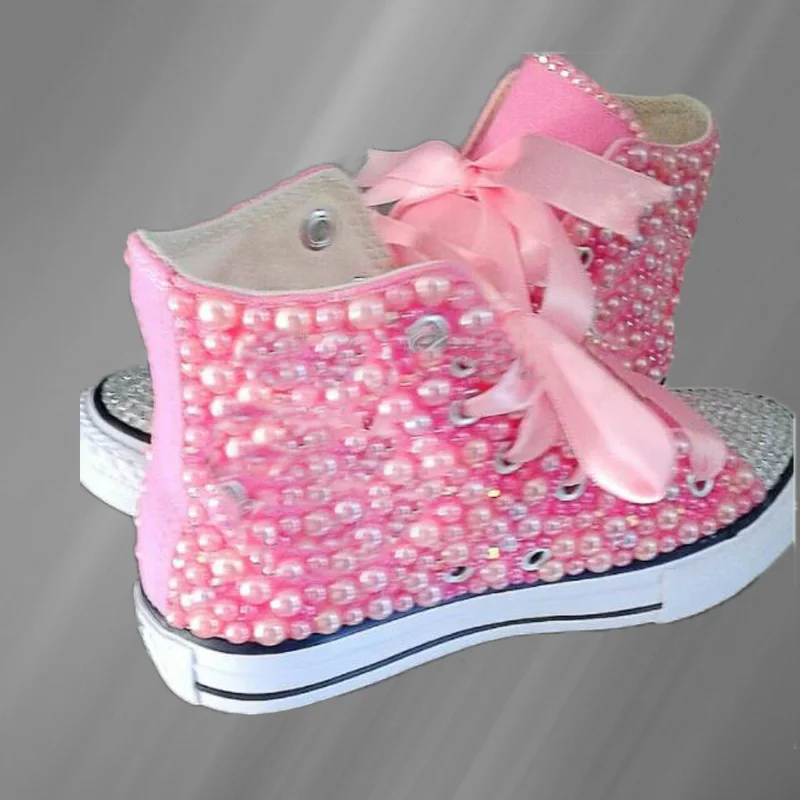 Pink High Top Ribbon Canvas Shoes Pearl Walking Rhinestone Comfort Sneakers Handmade Pearl Unisex Vulcanized Shoes 35-46