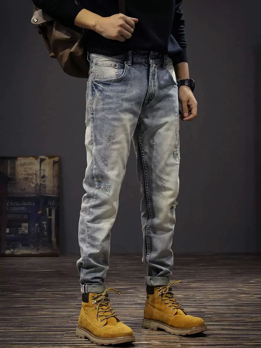 Streetwear Fashion Men Jeans Retro Light Blue Stretch Slim Fit Embroidery Ripped Jeans Men Vintage Designer Denim Pants Hombre