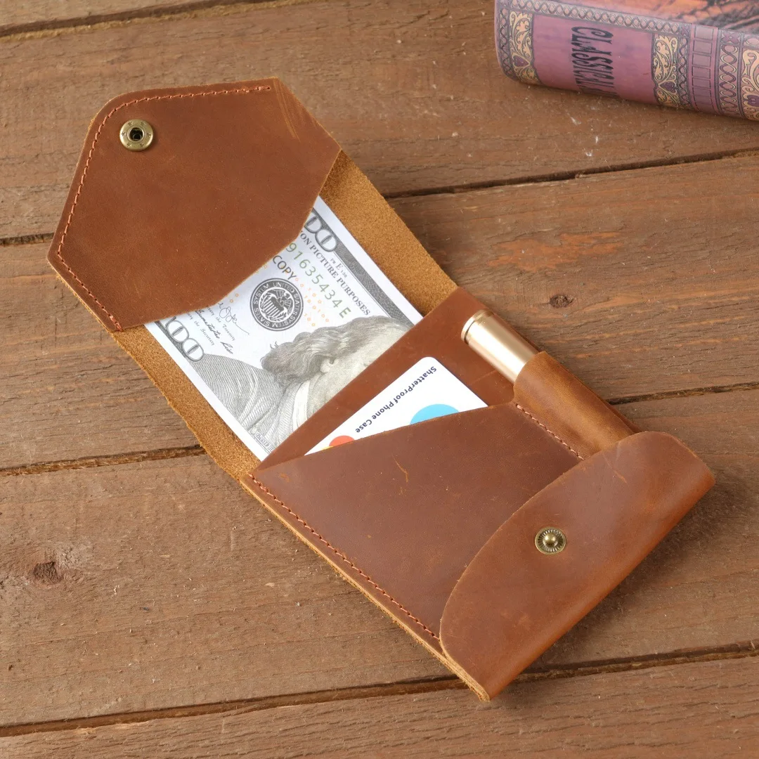 Handmade Full Grain Cowhide Billfold Wallets for Men, Snap Button Flip Leather Wallet Built-in Pen Pocket for Men Daily Office