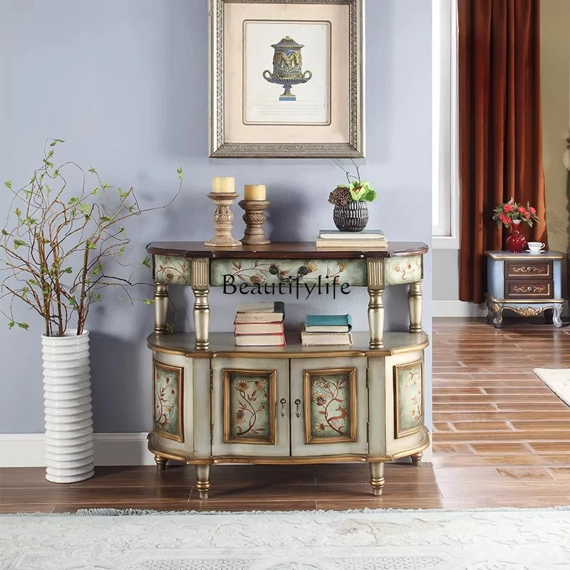 

American Retro Mediterranean Country Style Unique Solid Wood Painted Entryway Cabinet Sideboard Decorative Cabinet
