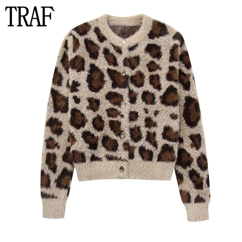 TRAF Leopard Faux Fur Cardigans for Women Jacquard Cropped Sweaters Women Long Sleeve Gold Button Cardigan Women New Knitwears